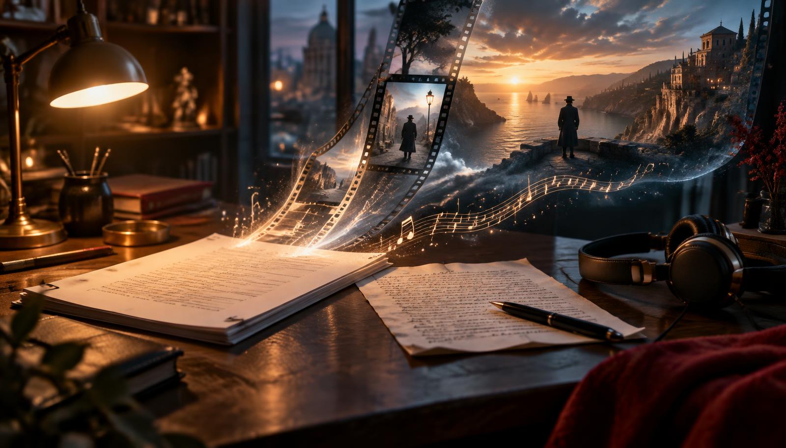 A script page and song lyrics transforming into a cinematic film frame.