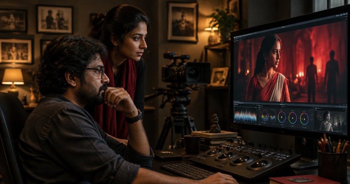 Bengali filmmakers reviewing a finished short film in an editing room.