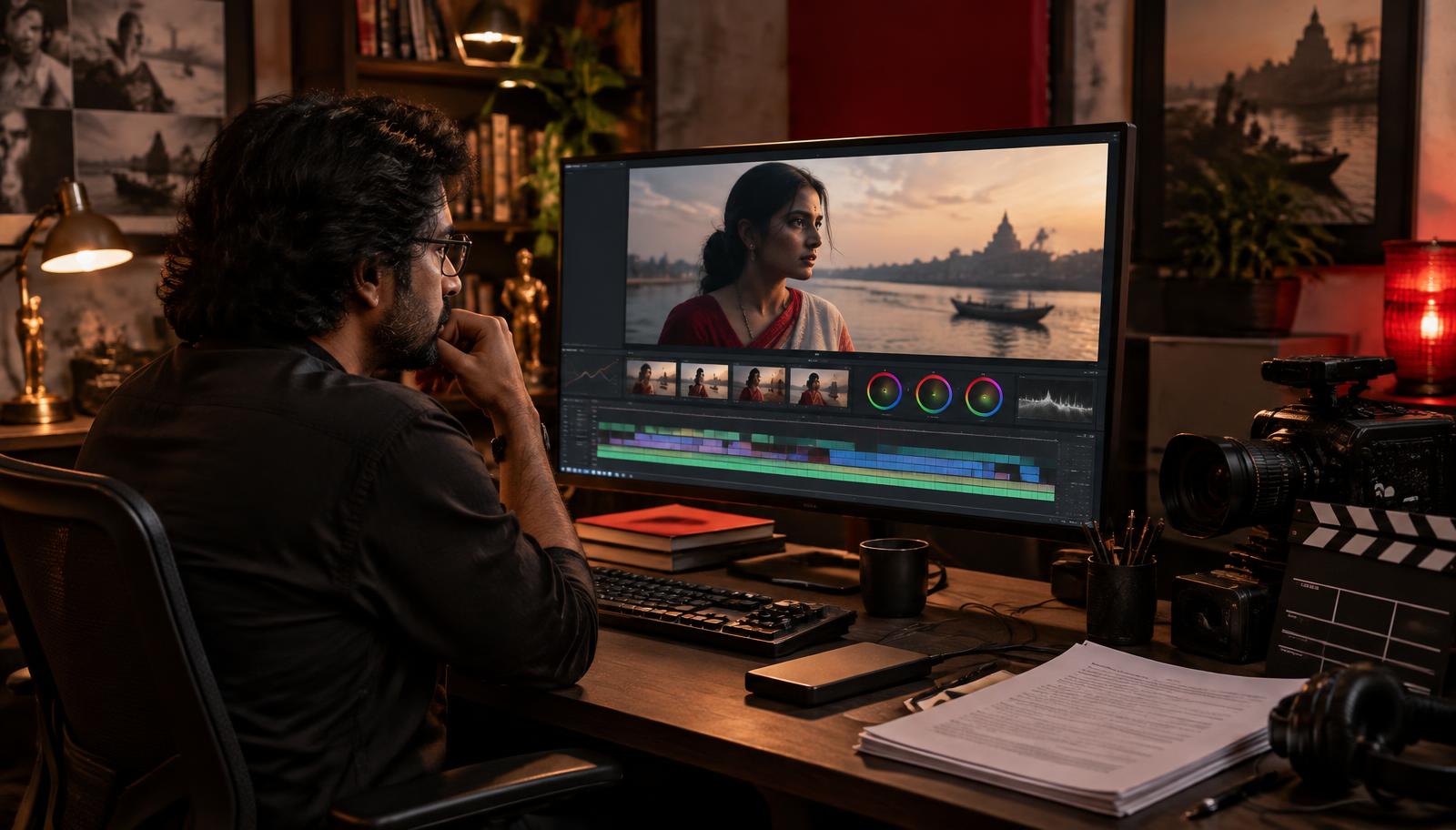 A filmmaker reviewing a completed short film in a professional editing studio.