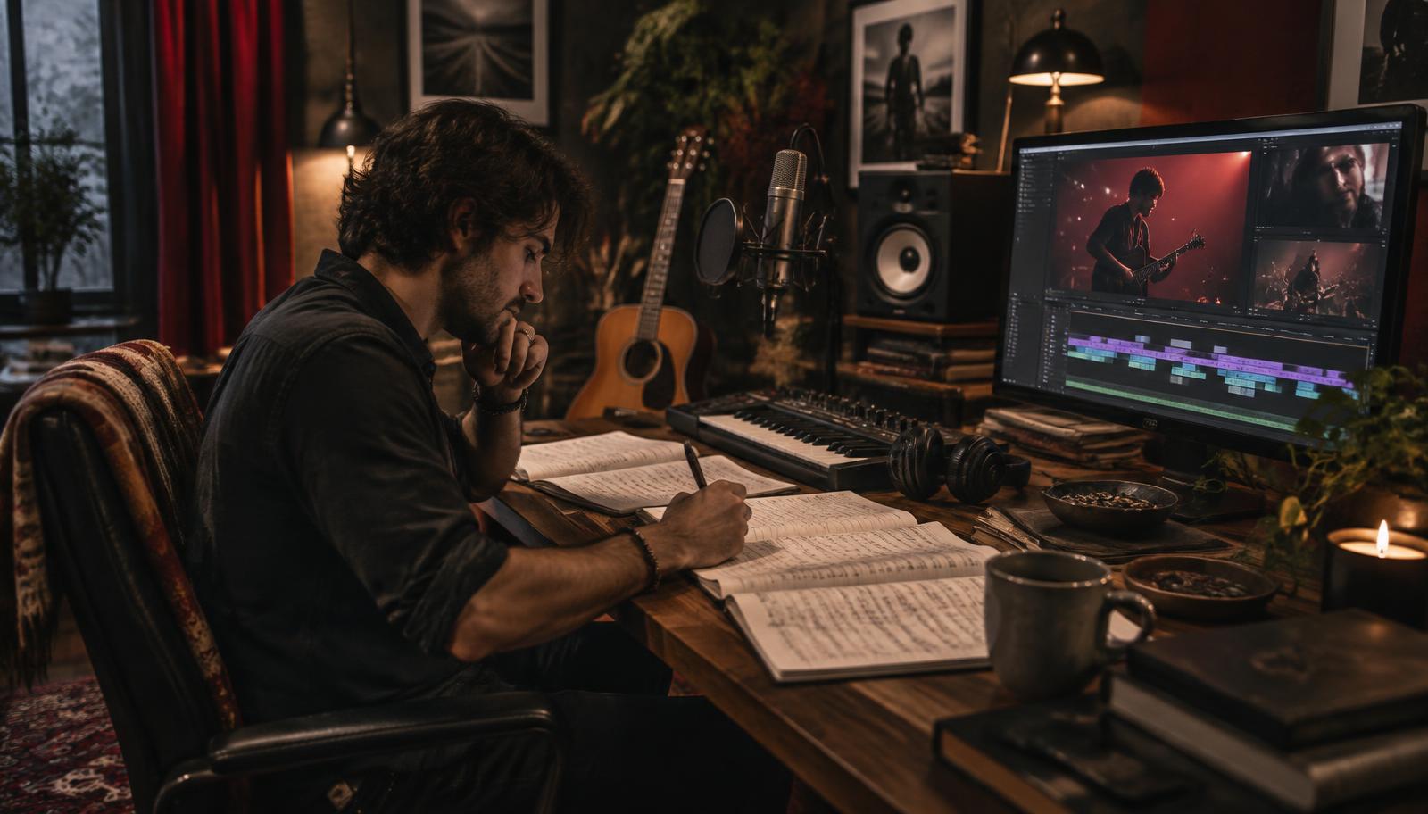 A songwriter working with original music at a home studio while editing a music video.