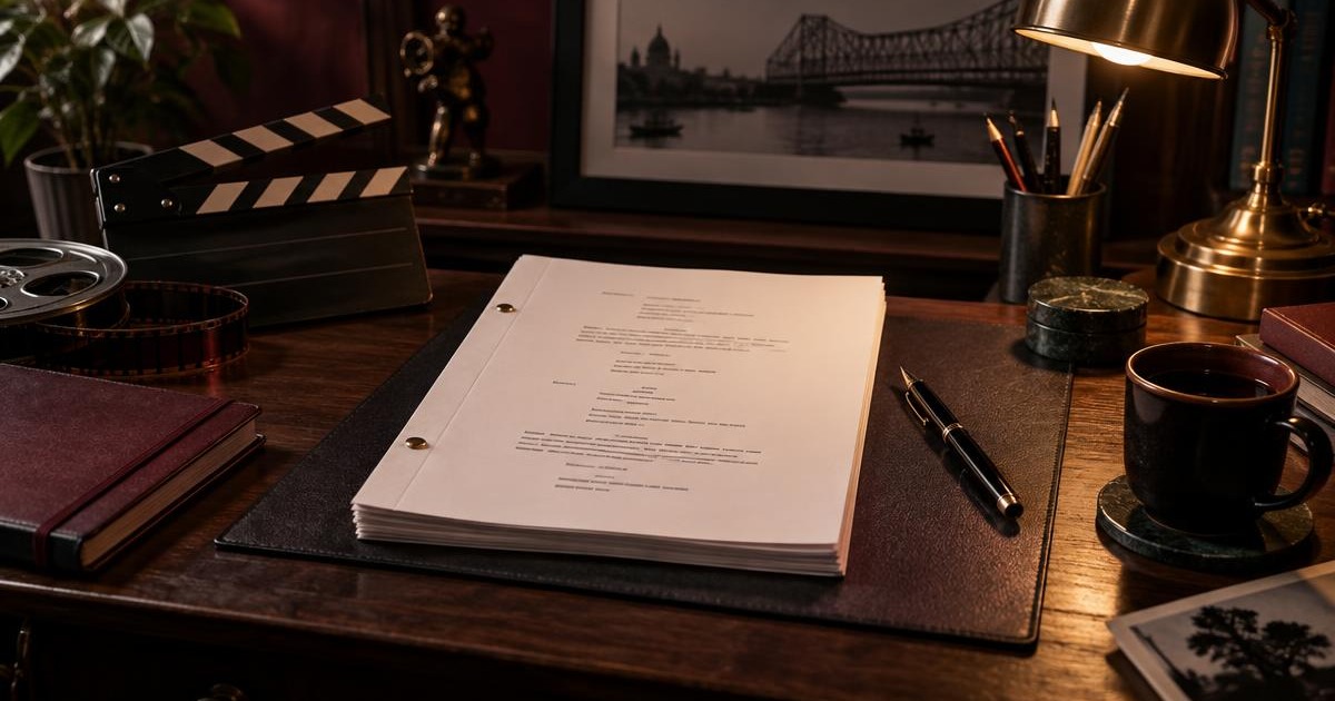 A completed screenplay on a writer's desk beside filmmaking tools
