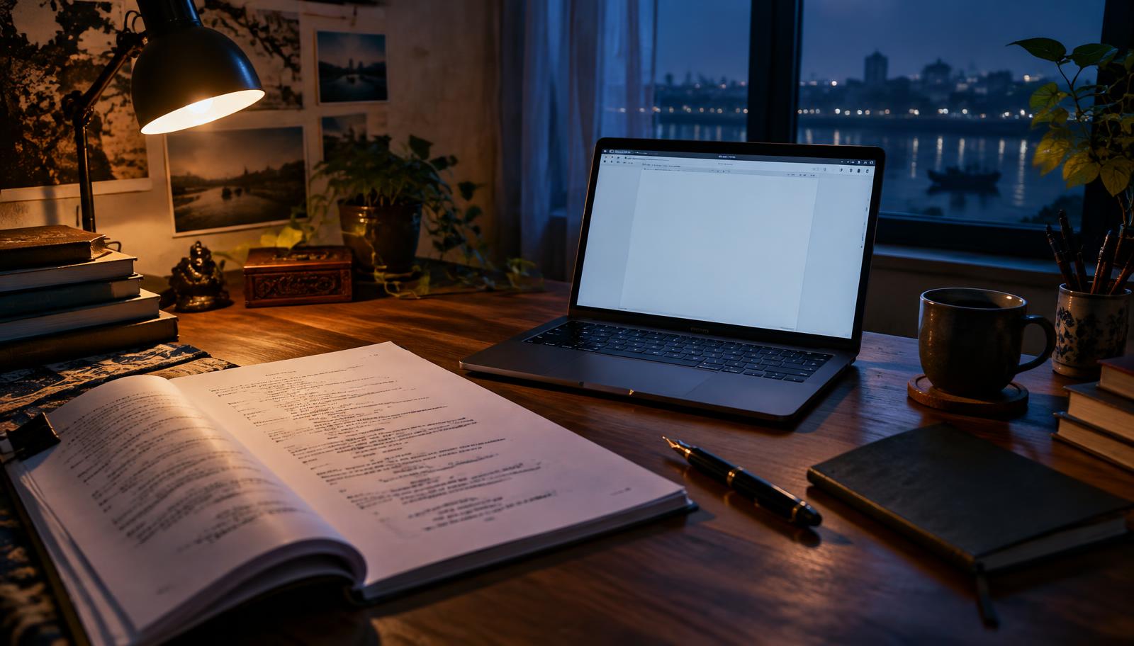 Screenwriter's desk with script pages and a laptop