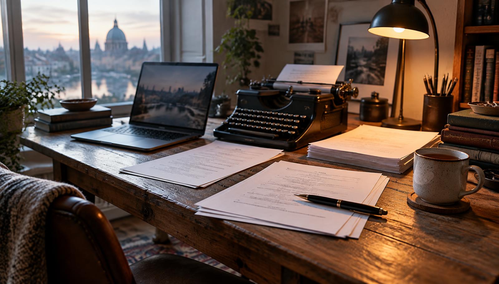 A writer's desk with a typewriter, laptop, script pages, pen, and cup of tea.