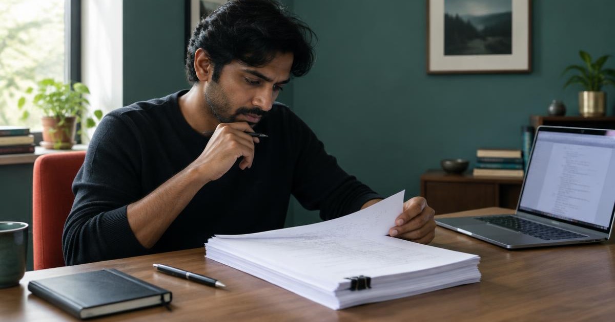 A screenwriter reviewing a completed screenplay at a desk beside a laptop and notebook
