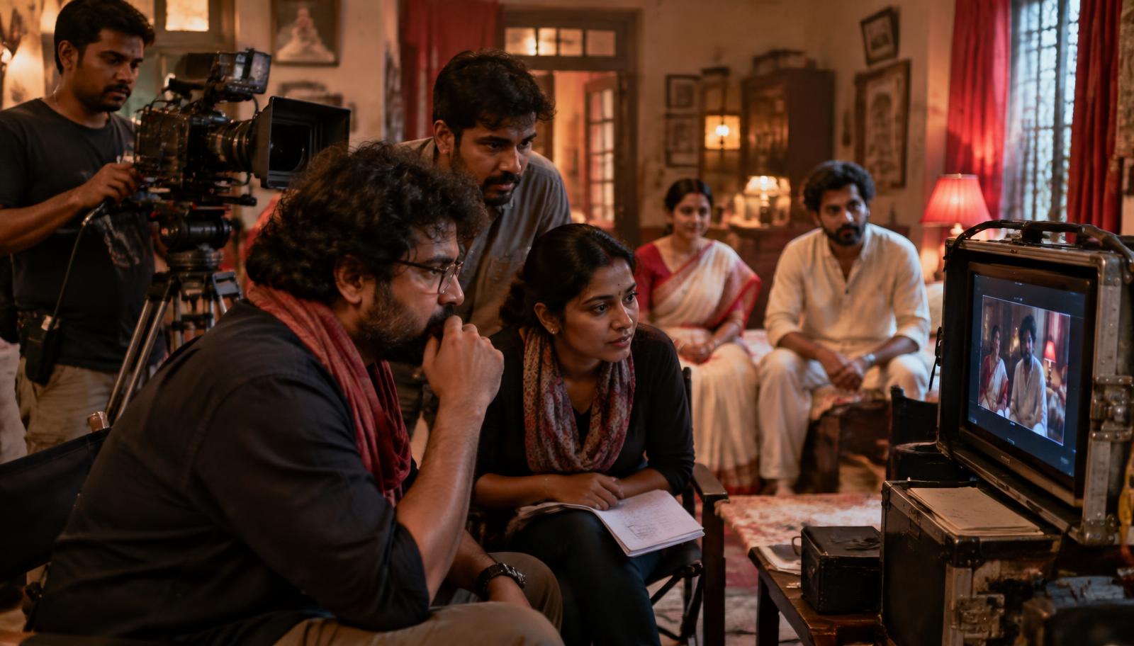 Bengali short-film crew reviewing a completed scene on a production monitor
