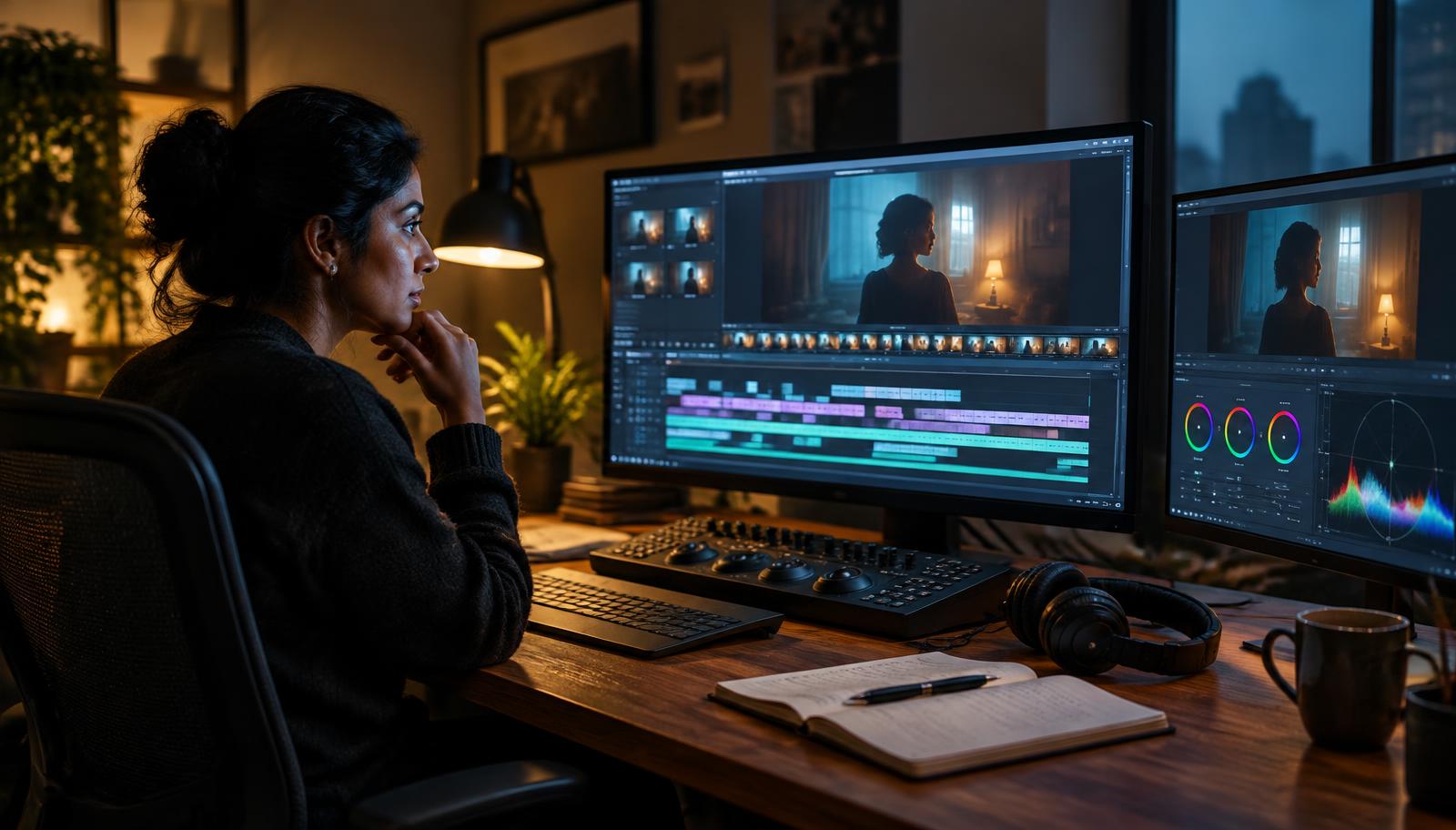 Film editor reviewing a short film's final cut on an editing timeline.