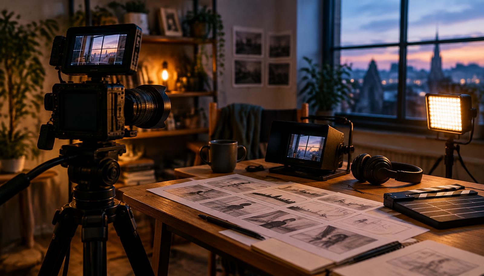 A filmmaker's workspace with a cinema camera, storyboard sketches, and a clapperboard.