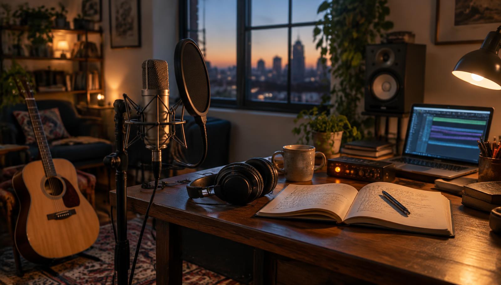 Songwriter's home studio with a microphone, guitar, and lyric notebook