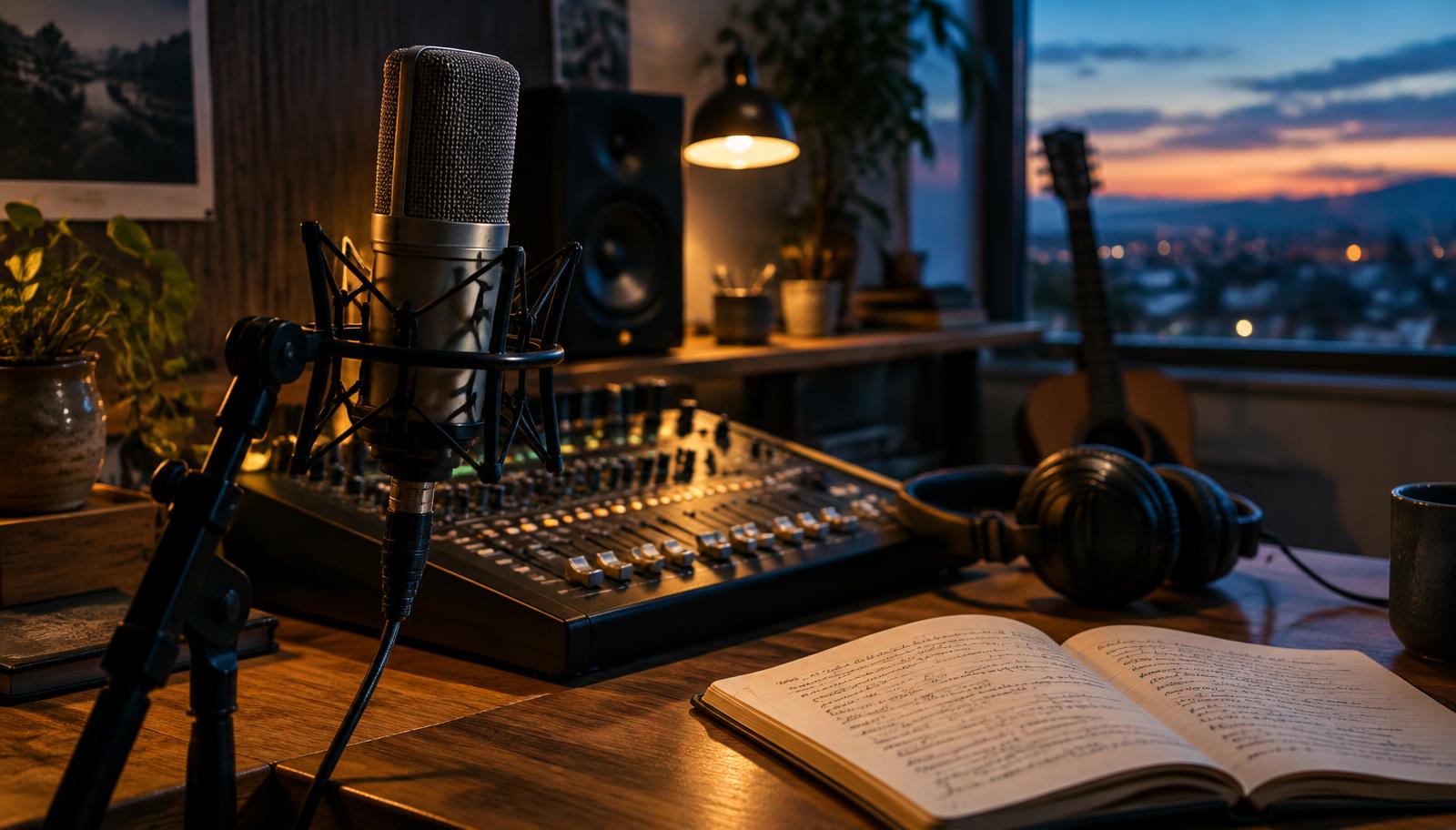 A home recording studio with a microphone, mixing board, and notebook of lyrics, representing a finished song ready for its music video.