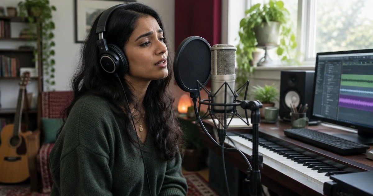 A singer-songwriter recording an original song in a home studio, preparing it for a music video