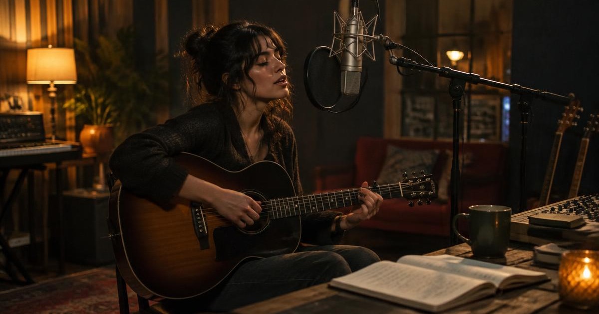 An independent singer-songwriter recording an original song in a professional music studio