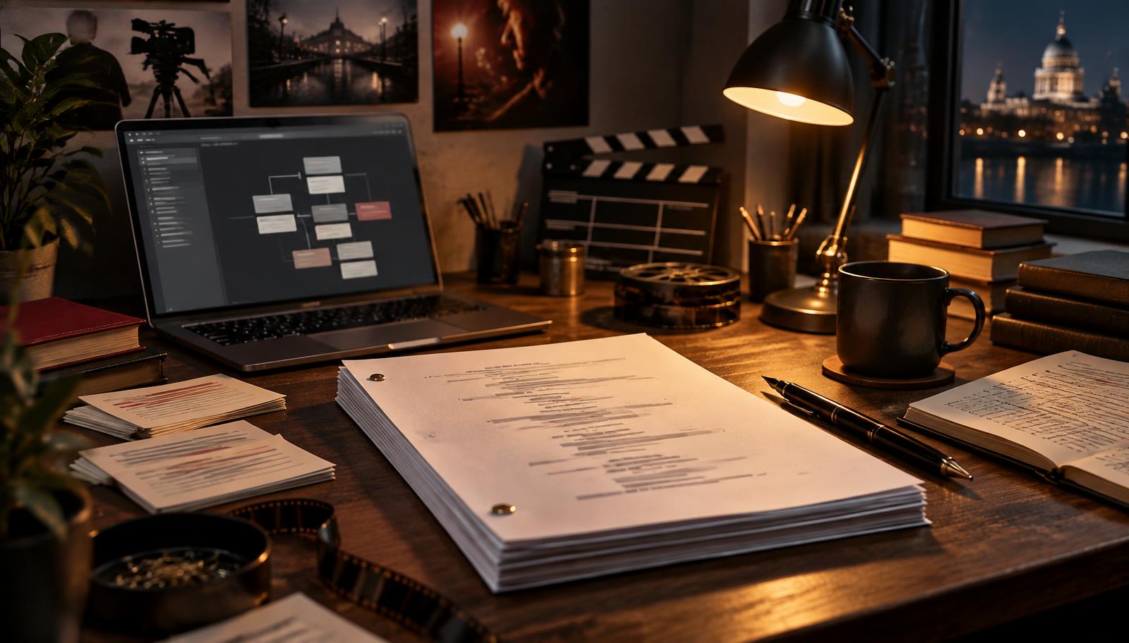 A screenwriter's desk with screenplay pages, a laptop, index cards, and filmmaking tools.